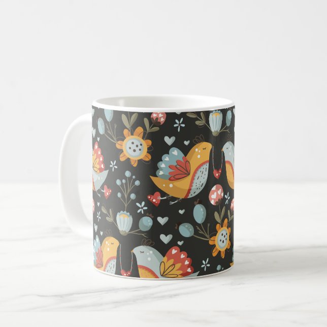 Fågelblommor Bohemian Kärlek Mönster Kaffemugg (Framsida vänster)
