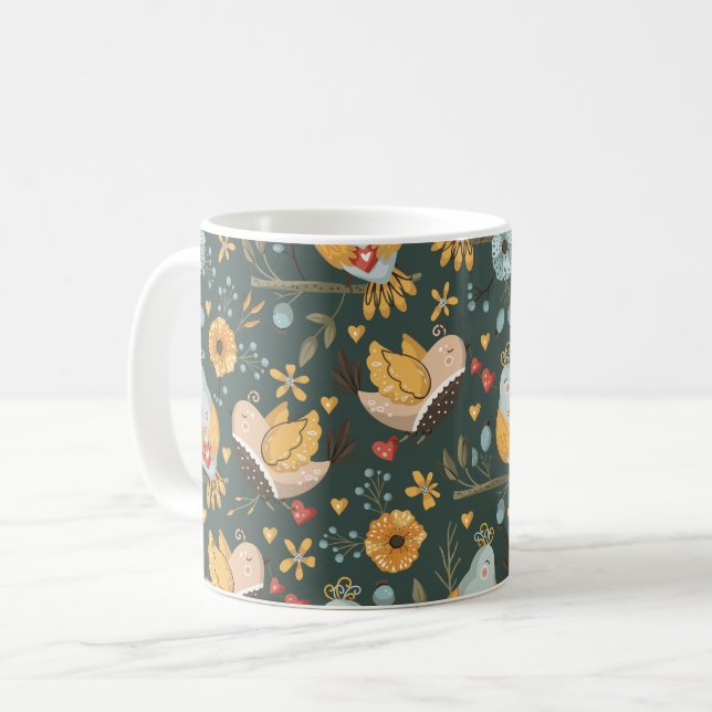 Fågelblommor Bohemian Mönster Kaffemugg (Framsida vänster)
