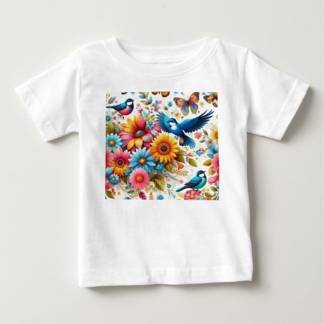 Fågelblommor, färglösa fjärilsmall Vit T Shirt (Framsida)