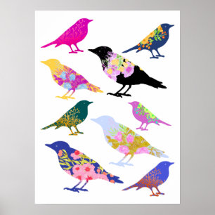 Fågelblommor Löv Chic Blommigt Animal Poster