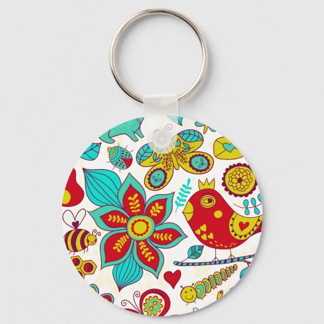 Fågelblommor Mönster Nyckelring (Framsida)