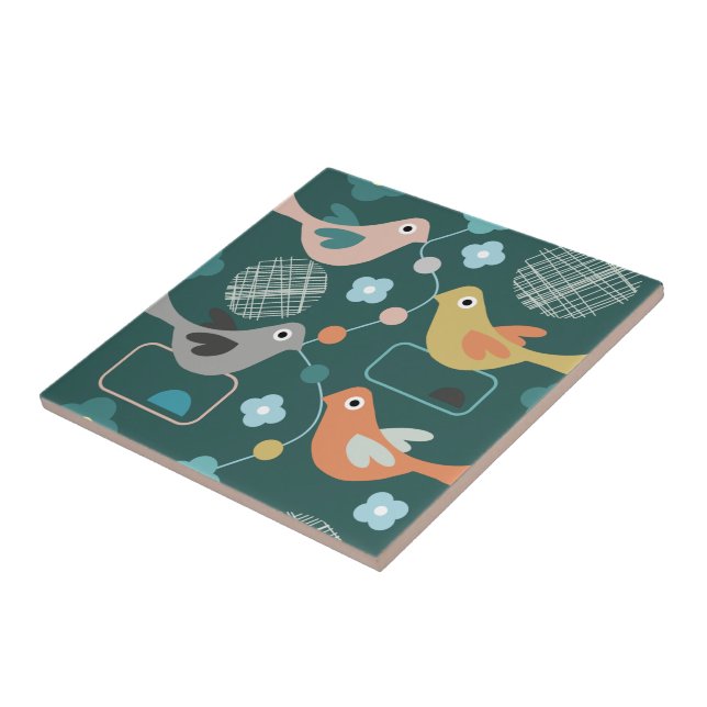 Fågelblommor Retro Modern Mid Century Mönster Kakelplatta (Sidan)