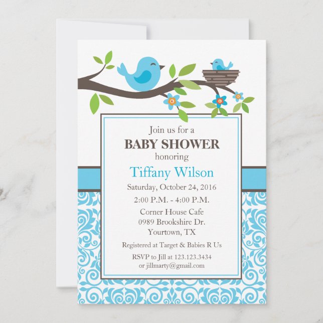 Fågelbo Baby Shower i Blå Inbjudningar (Framsida)