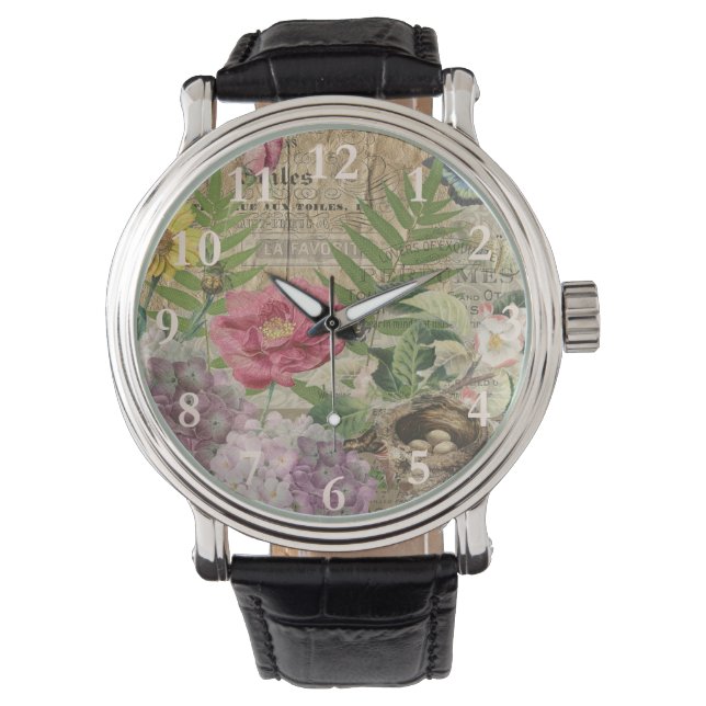 Fågelbo Blommig Trädgård Blomma Fjäril Konst Armbandsur (Framsida)