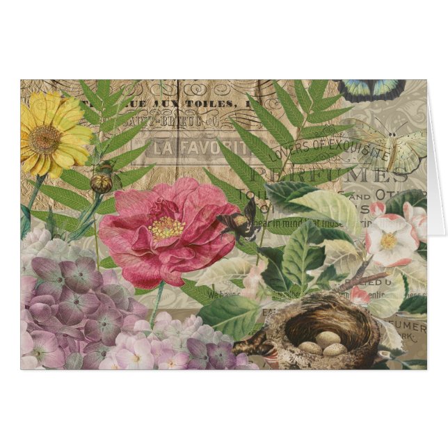 Fågelbo Blommig Trädgård Blomma Fjäril Konst Hälsningskort (Framsidan Horizontal)