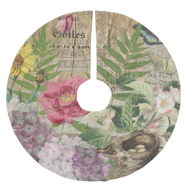 Fågelbo Blommig Trädgård Blomma Fjäril Konst Julgransmatta Borstad Polyester (Framsidan)