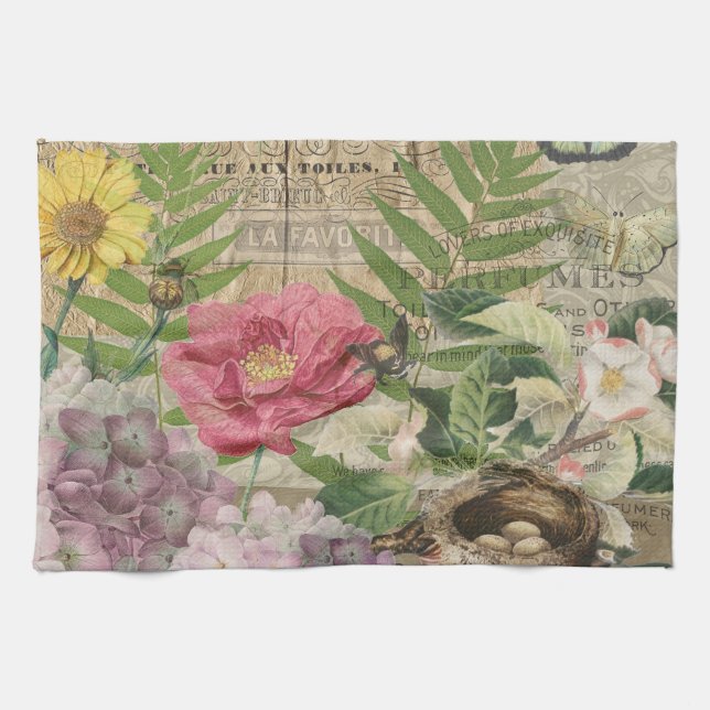 Fågelbo Blommig Trädgård Blomma Fjäril Konst Kökshandduk (Horisontell)