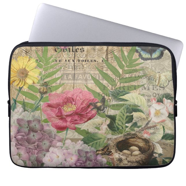 Fågelbo Blommig Trädgård Blomma Fjäril Konst Laptop Fodral (Framsidan)
