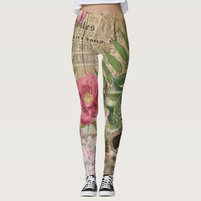 Fågelbo Blommig Trädgård Blomma Fjäril Konst Leggings (Framsida)