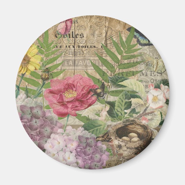 Fågelbo Blommig Trädgård Blomma Fjäril Konst Magnet (Framsidan)
