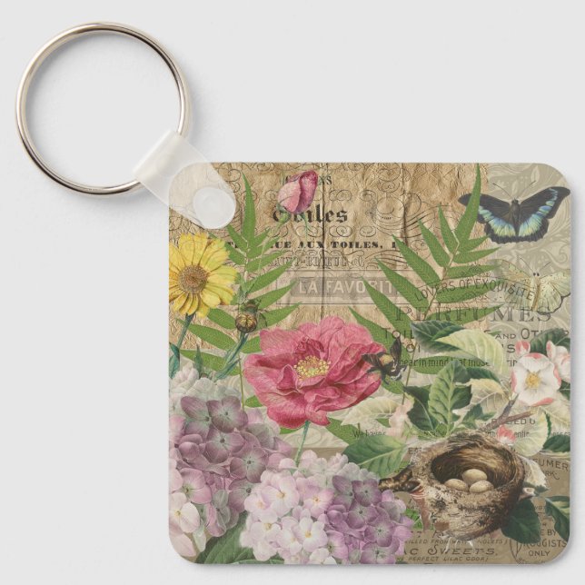 Fågelbo Blommig Trädgård Blomma Fjäril Konst Nyckelring (Framsida)