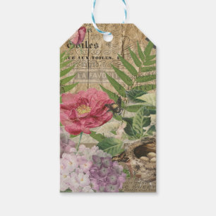 Fågelbo Blommig Trädgård Blomma Fjäril Konst Presentetikett