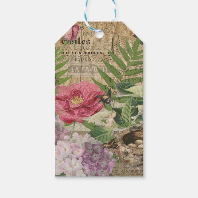 Fågelbo Blommig Trädgård Blomma Fjäril Konst Presentetikett (Framsidan)