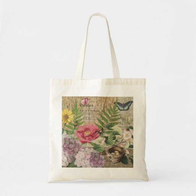 Fågelbo Blommig Trädgård Blomma Fjäril Konst Tygkasse (Framsidan)