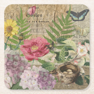Fågelbo Blommig Trädgård Blomma Fjäril Konst Underlägg Papper Kvadrat