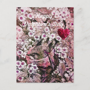 FÅGELBO, BLOMMOR, FLÄTAT HJÄRTA VALENTINSDAG HELG VYKORT