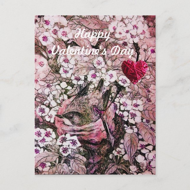 FÅGELBO, BLOMMOR, FLÄTAT HJÄRTA VALENTINSDAG HELG VYKORT (Framsida)