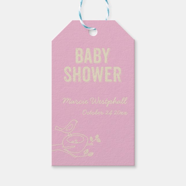 Fågelbo Rosa Baby Shower Presentetikett (Framsidan)