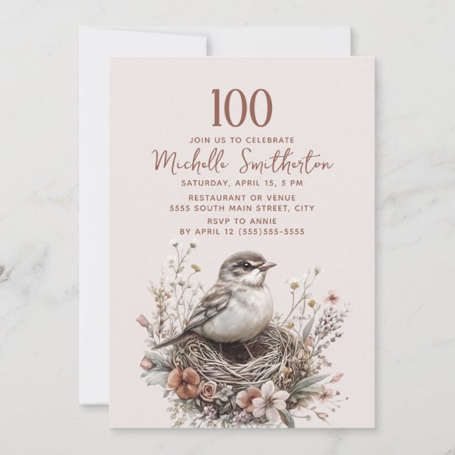 Fågelbo Terrakotta Rosa 100-årsdag Inbjudningar (Framsida)