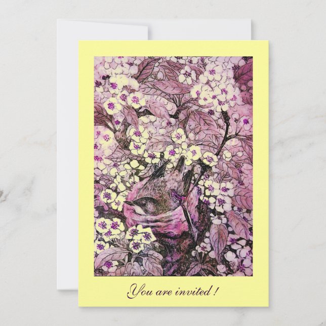FÅGELBO, TRÄD MED GULA RÖDA ROSA VÅRBLOMMOR INBJUDNINGAR (Framsida)