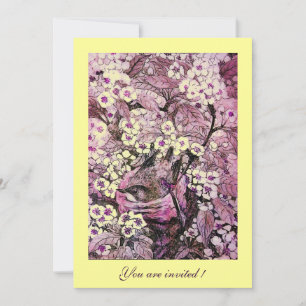 FÅGELBO, TRÄD MED GULA RÖDA ROSA VÅRBLOMMOR INBJUDNINGAR