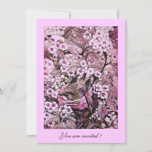 FÅGELBO, TRÄD MED VITA RÖDA ROSA VÅRBLOMMOR INBJUDNINGAR (Framsida)
