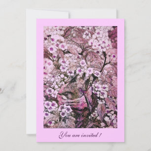 FÅGELBO, TRÄD MED VITA RÖDA ROSA VÅRBLOMMOR INBJUDNINGAR