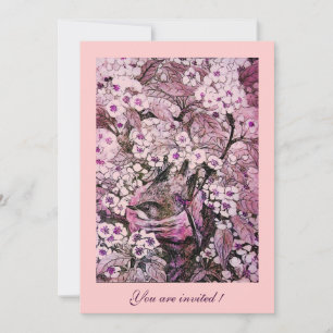 FÅGELBO, TRÄD MED VITA RÖDA ROSA VÅRBLOMMOR INBJUDNINGAR
