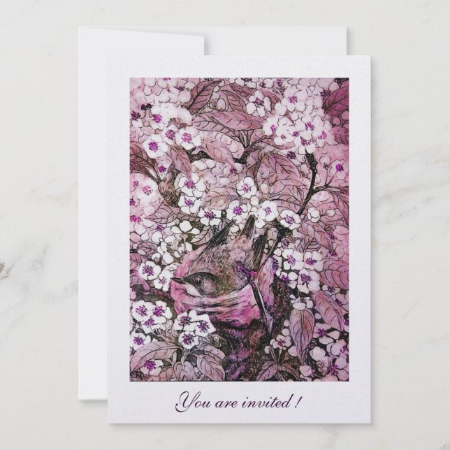 FÅGELBO, TRÄD MED VITA RÖDA ROSA VÅRBLOMMOR INBJUDNINGAR (Framsida)