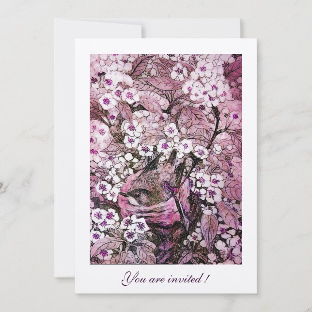 FÅGELBO, TRÄD MED VITA RÖDA ROSA VÅRBLOMMOR INBJUDNINGAR (Framsida)