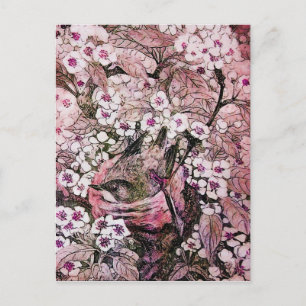 FÅGELBO, TRÄD MED VITA RÖDA ROSA VÅRBLOMMOR MEDDELANDE VYKORT