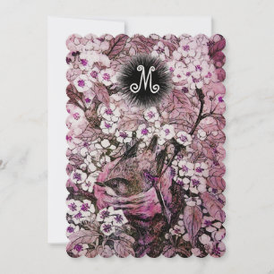 FÅGELBO,TRÄD VIT ROSA VÅRBLOMMOR MONOGRAM MEDDELANDE