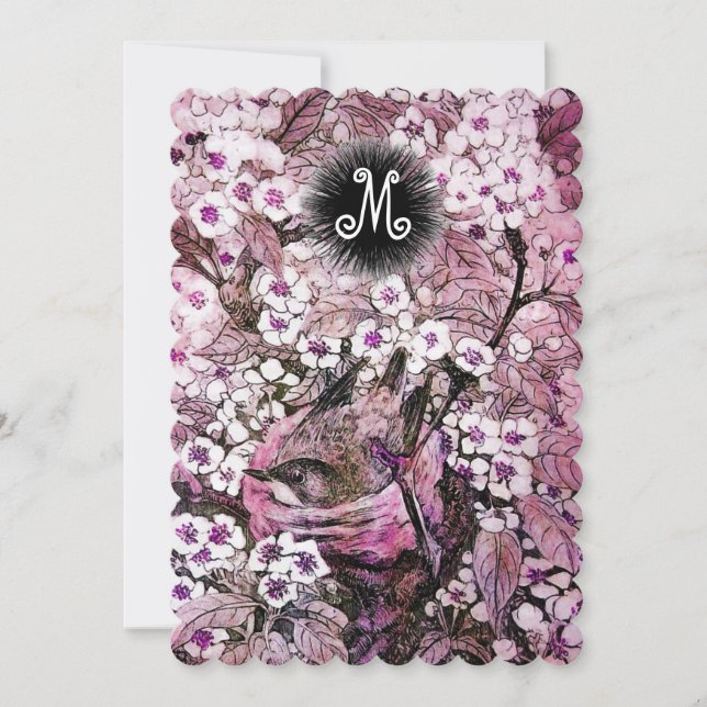 FÅGELBO,TRÄD VIT ROSA VÅRBLOMMOR MONOGRAM MEDDELANDE (Framsida)