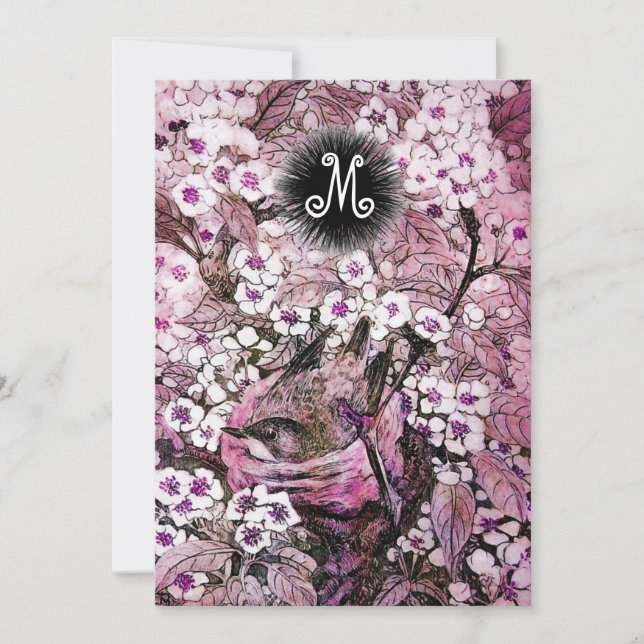 FÅGELBO,TRÄD VIT ROSA VÅRBLOMMOR MONOGRAM MEDDELANDE (Framsida)