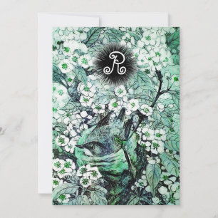 FÅGELBO,TRÄD,VITA BLÅ VÅRBLOMMOR MONOGRAM MEDDELANDE