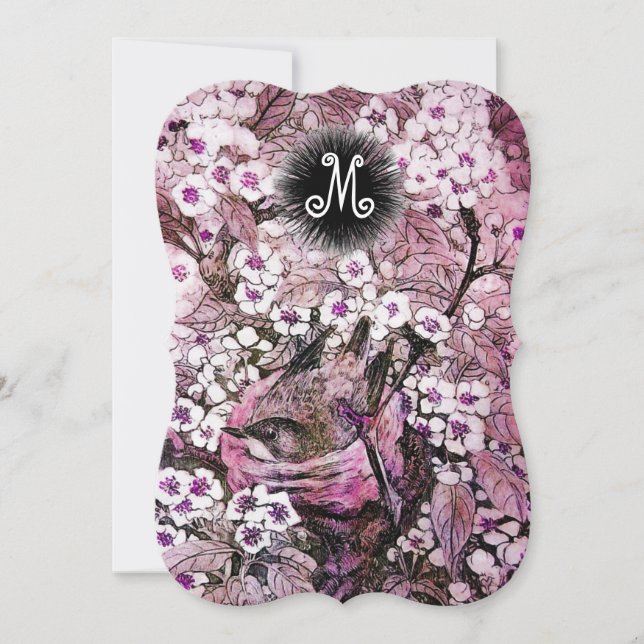 FÅGELBO,TRE VIT ROSA VÅRBLOMMOR MONOGRAM MEDDELANDE (Framsida)