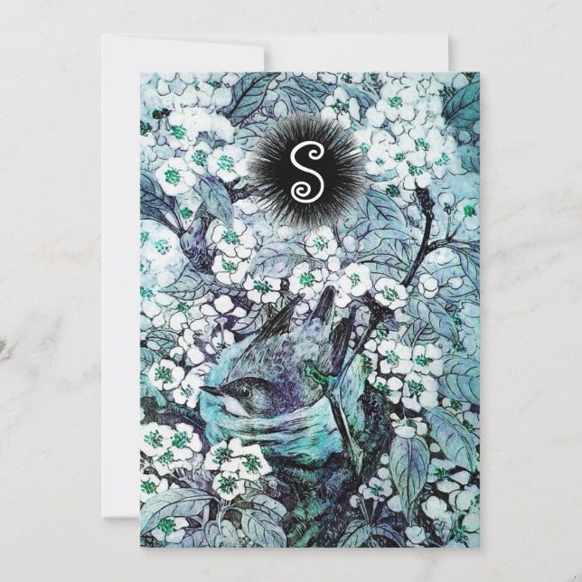FÅGELBO, VITA BLÅ VÅRBLOMMOR MONOGRAM MEDDELANDE (Framsida)