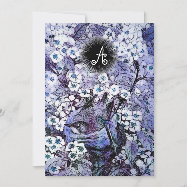 FÅGELBO, VITA BLÅ VÅRBLOMMOR MONOGRAM MEDDELANDE (Framsida)