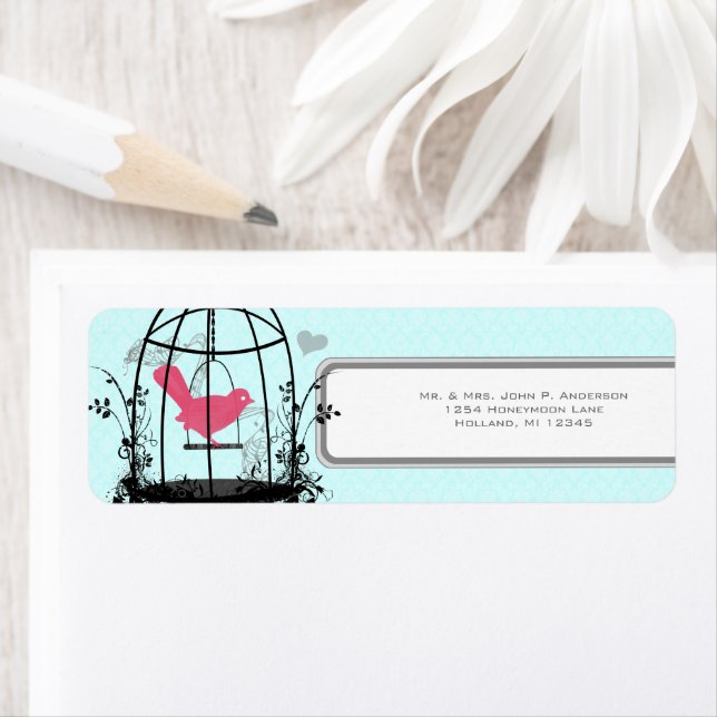 Fågelburar Rosa Bird Musik noter och Heart Returadress Etikett (Insitu)