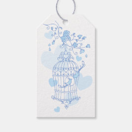 Fågelburens blå bröllopsgåva märkre presentetikett