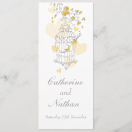 Fågelburens gult grått bröllop middagsmeny meny