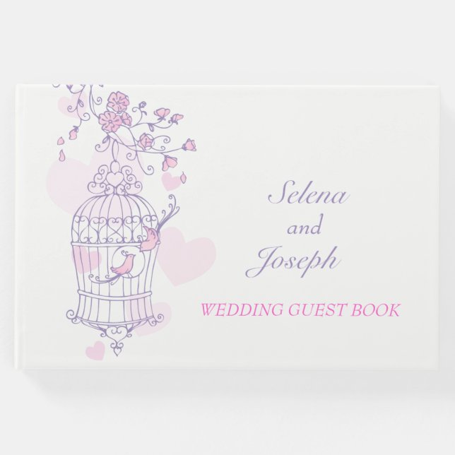 Fågelburens lila/rosa bröllop gäst bok (Framsida)