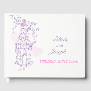 Fågelburens lila/rosa bröllop gäst bok