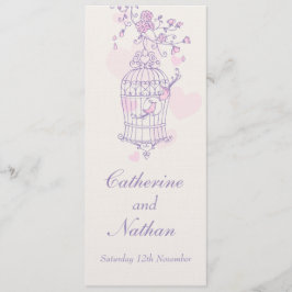 Fågelburens lila rosa bröllop middagsmeny meny