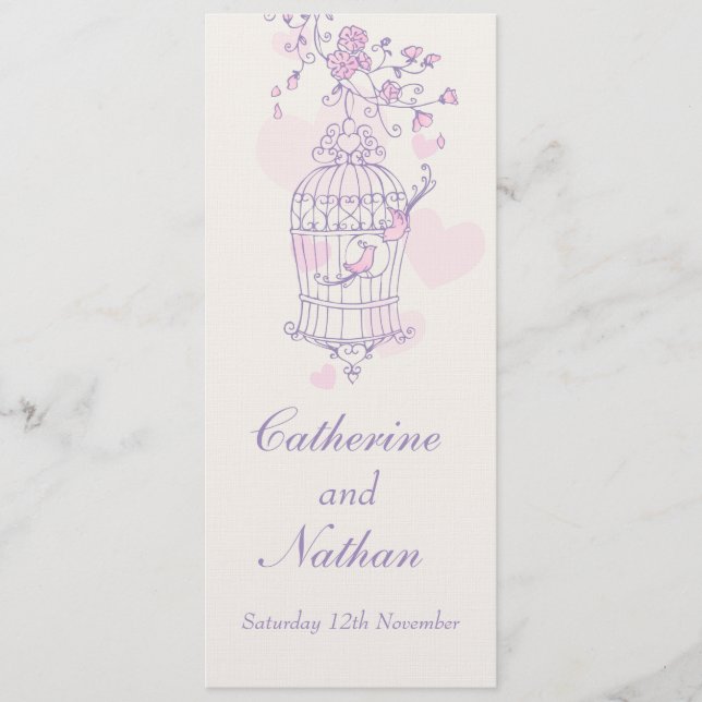 Fågelburens lila rosa bröllop middagsmeny meny (Framsida)