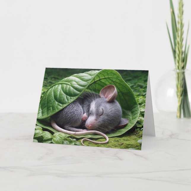 Fågelcute Mouse i Grönt Löv Kort (Framsida)