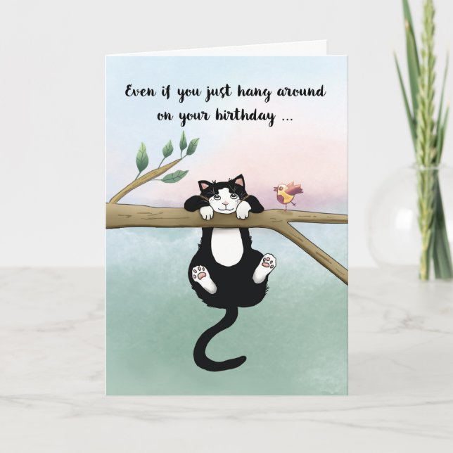 Fågeldag Cute Cat Hanging runt med fågel Kort (Framsida)