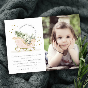 Fågeldag för Rosa, Guld Winter Sleigh-foto Tack Kort