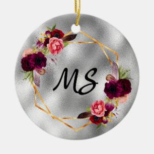 Fågeldag silver-blommor, monogram från vänner julgransprydnad keramik
