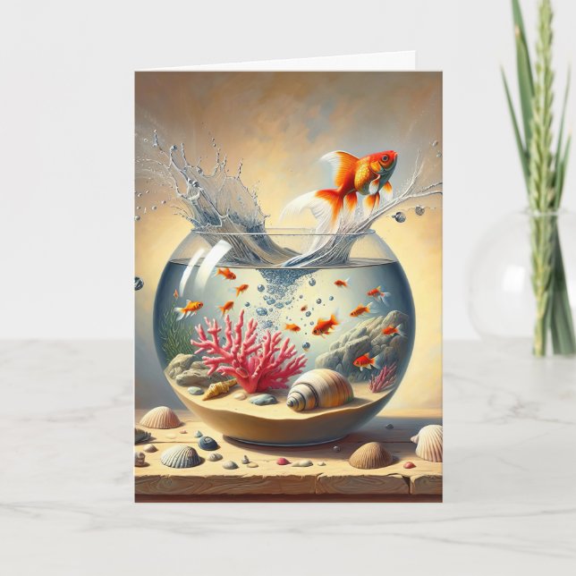 Fågeldagen Goldfish Jumping out Fishbowl Kort (Framsida)